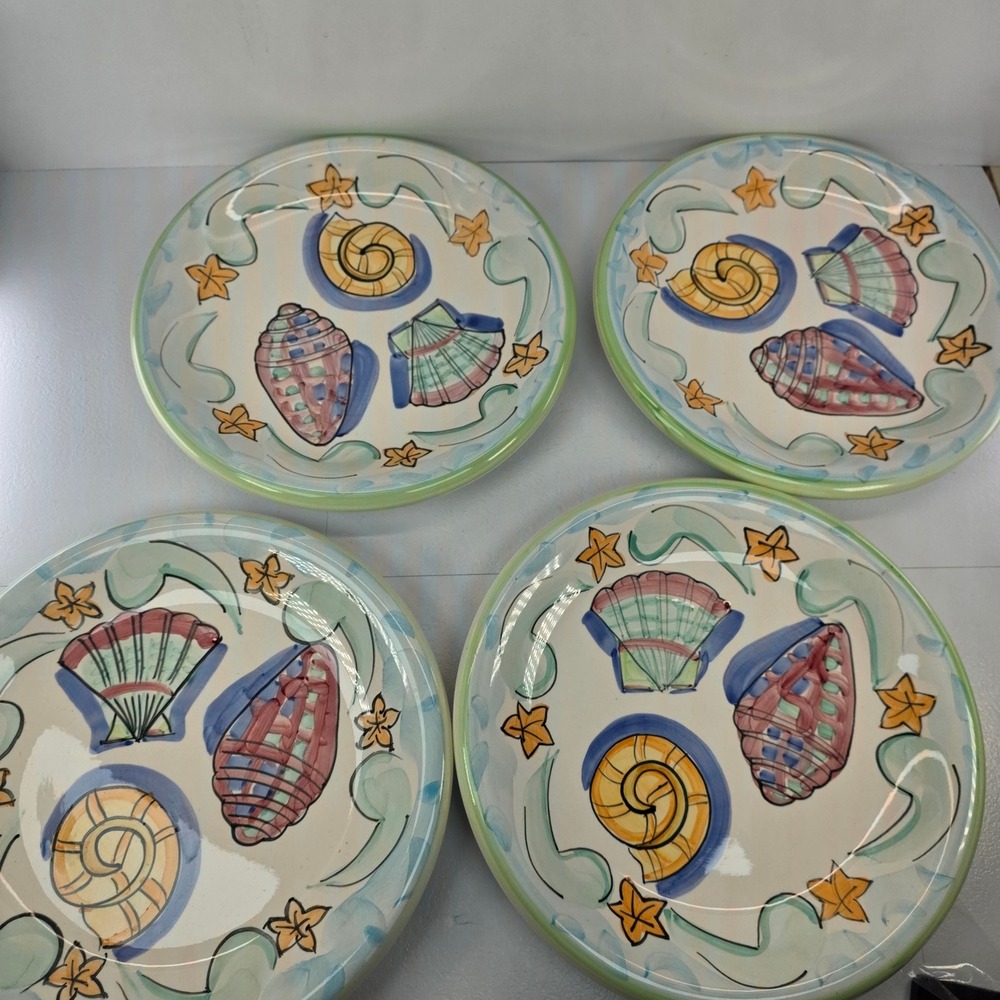 Set of 4 Bella Ceramica Seashell Starfish Coastal Dinner Plates Delray 10.5"